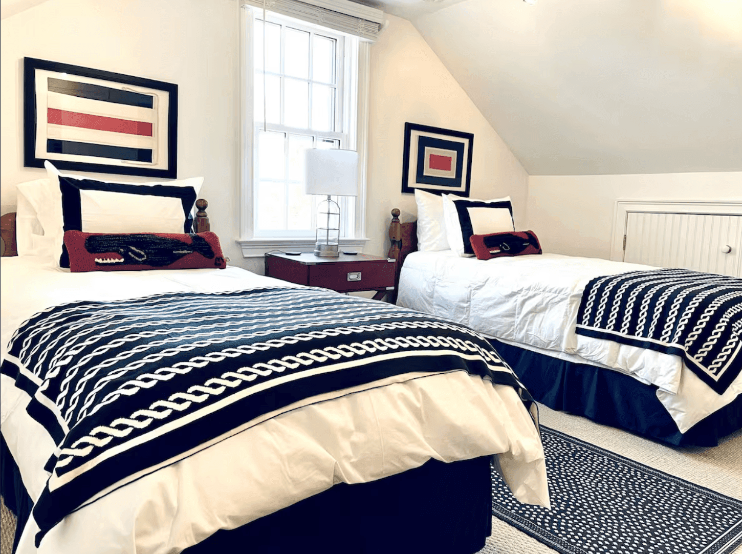 Twin bedroom with whale pillows
